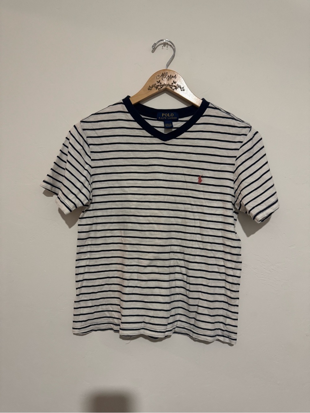 Polo Ralph Lauren Boys Striped V-Neck T-Shirt Size M (10-12) Navy White
